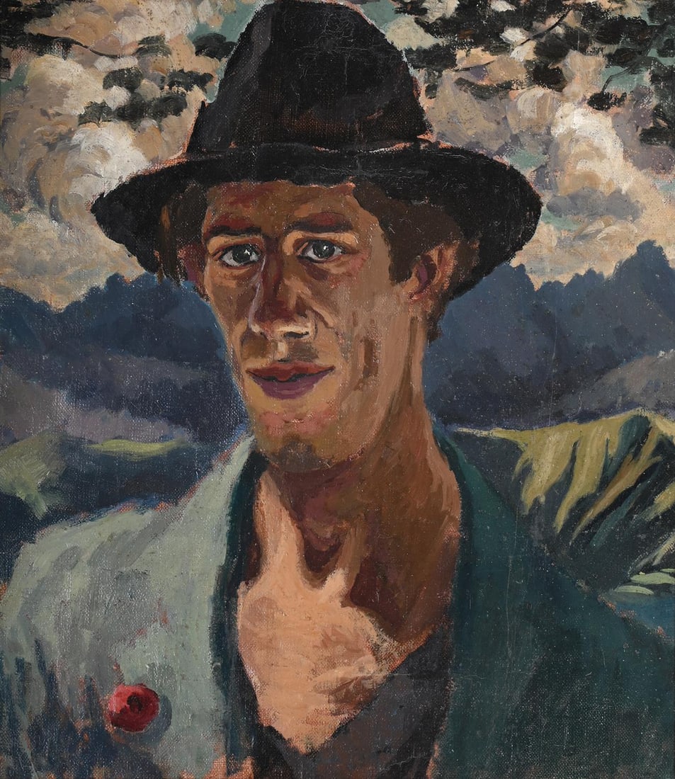 λ JULIAN TREVELYAN (BRITISH 1910-1988), SELF PORTRAIT IN A MOUNTAINOUS LANDSCAPE: λ JULIAN TREVELYAN (BRITISH 1910-1988)SELF PORTRAIT IN A MOUNTAINOUS LANDSCAPEOil on canvas38 x 33.1cm (14¾ x 13in.)Provenance:Philip Trevelyan, the artist's sonExhibited:Royal College of Ar