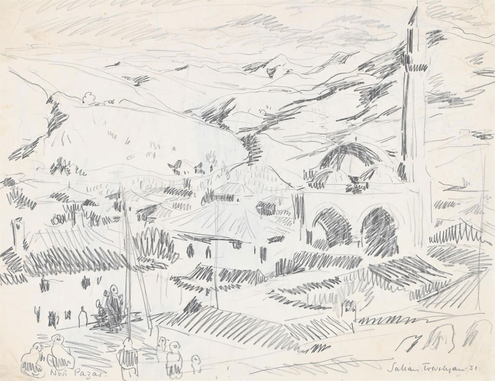 λ JULIAN TREVELYAN (BRITISH 1910-1988), A VIEW OF NOVI PAZAR, WITH THE ALTUN ALEM MOSQUE, (1 of 3)