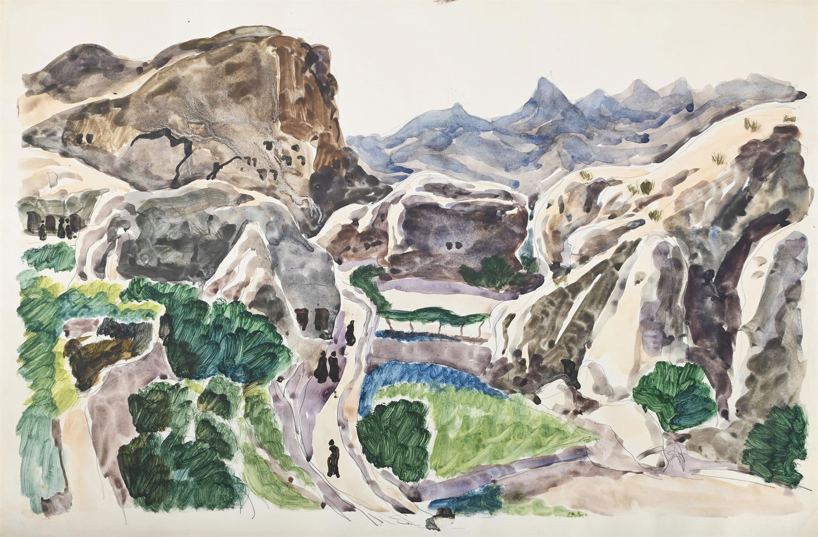 λ JULIAN TREVELYAN (BRITISH 1910-1988), FIGURES ON A PATH IN A MOUNTAINOUS LANDSCAPE (1 of 3)
