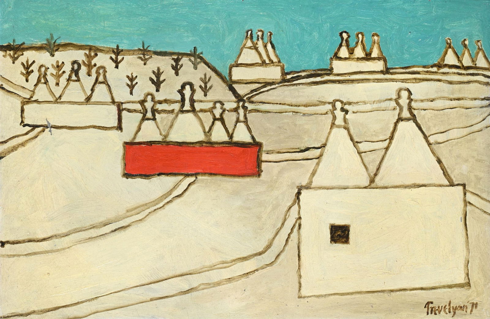 λ JULIAN TREVELYAN (BRITISH 1910-1988), ITALIAN LANDSCAPE WITH TRULLI: λ JULIAN TREVELYAN (BRITISH 1910-1988)ITALIAN LANDSCAPE WITH TRULLIOil on canvasSigned and dated '71 (lower right)50.8 x 76.2cm (20 x 30in.)Provenance:Philip Trevelyan, the artist's son λ in
