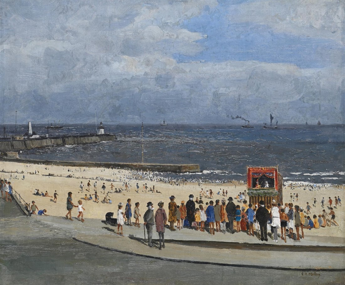 CAMPBELL ARCHIBALD MELLON (BRITISH 1878-1955), PUNCH AND JUDY ON GORLESTON BEACH: CAMPBELL ARCHIBALD MELLON (BRITISH 1878-1955)PUNCH AND JUDY ON GORLESTON BEACH, NORFOLKOil on canvasSigned (lower right)51.5 x 61cm (20¼ x 24in.)