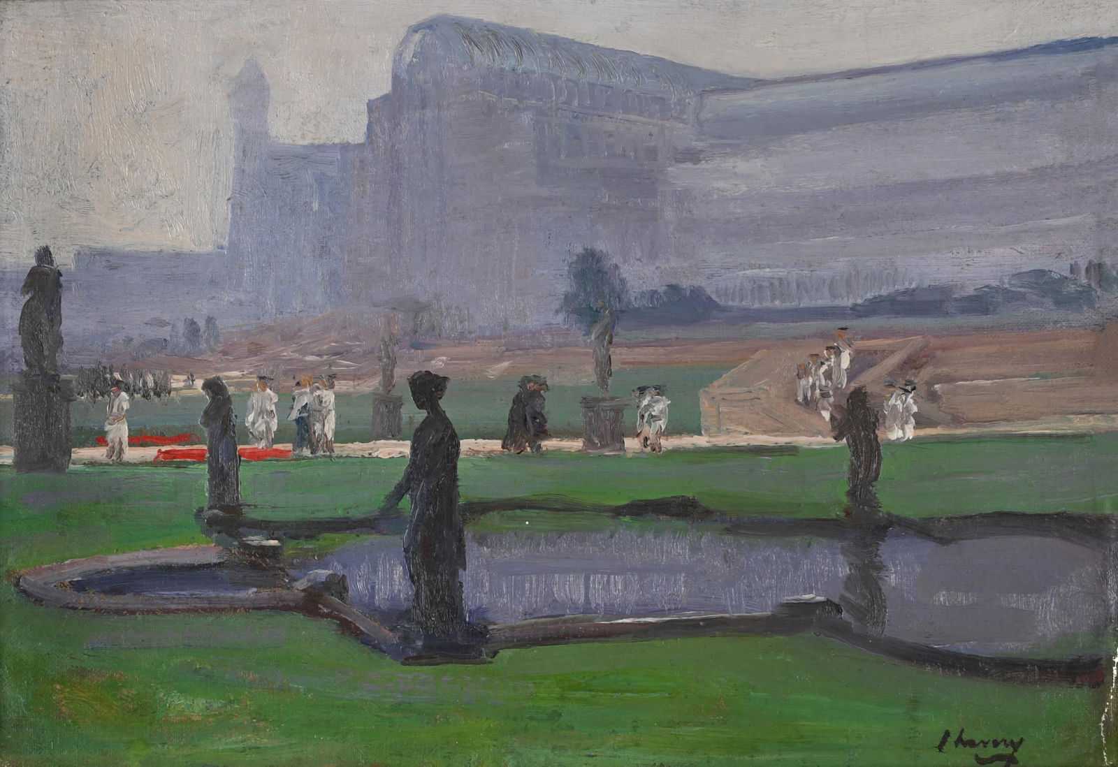 SIR JOHN LAVERY (BRITISH 1856-1941), CRYSTAL PALACE IN RAIN: SIR JOHN LAVERY (BRITISH 1856-1941)CRYSTAL PALACE IN RAINOil on canvas laid on boardSigned (lower right); further signed and titled (verso) 25 x 35.5cm (9¾ x 13¾in.)Provenance:The Artist; by