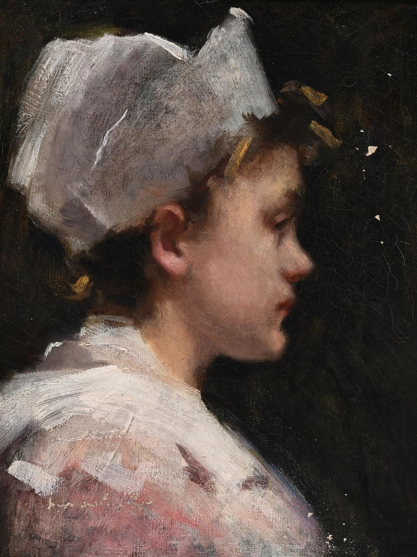 STANHOPE ALEXANDER FORBES (BRITISH 1857-1947), HEAD STUDY OF A YOUNG GIRL: STANHOPE ALEXANDER FORBES (BRITISH 1857-1947)HEAD STUDY OF A YOUNG GIRLOil on canvasSigned (lower left)30.5 x 23cm (12 x 9 in.)Provenance:Swiftsden House, East Sussex