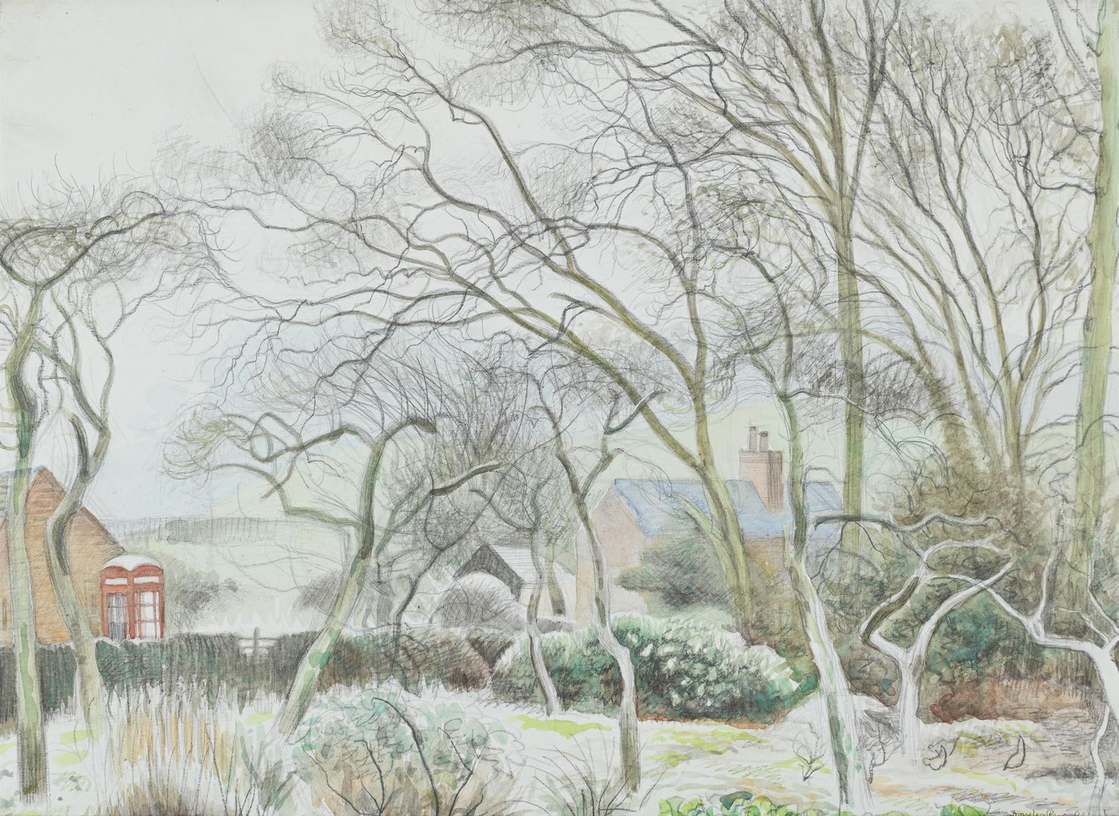 λ DOUGLAS PERCY BLISS (BRITISH 1900-1984), LANDSCAPE WITH TREES AND A HAMLET BEYOND (1 of 3)
