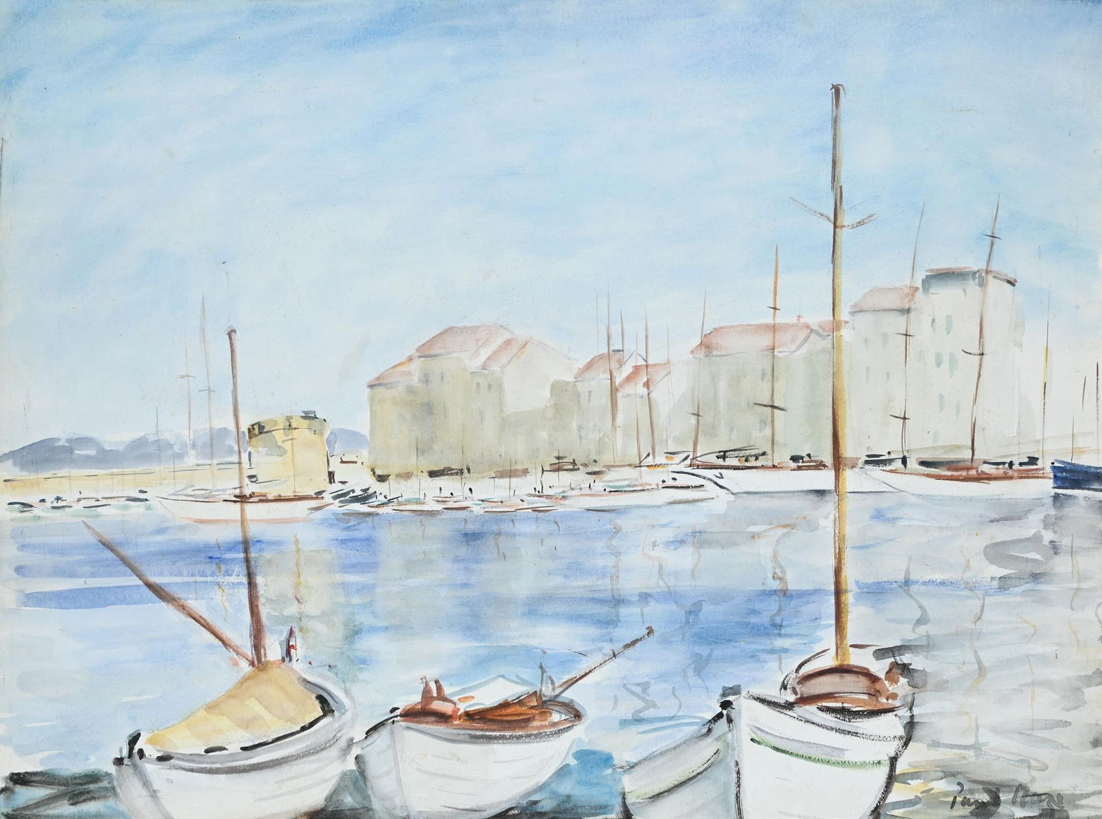 λ PAUL LUCIEN MAZE (FRENCH/BRITISH 1887-1979), BOATS IN A HARBOUR, POSSIBLY ST TROPEZ, FRANCE (1 of 3)