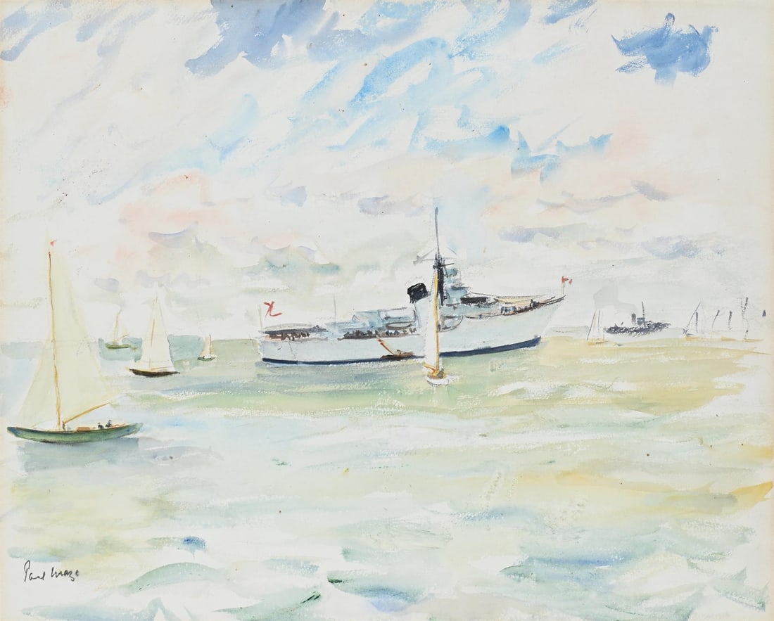 λ PAUL LUCIEN MAZE (FRENCH/BRITISH 1887-1979), A NAVAL SHIP AND SMALL YACHTS AT SEA (1 of 3)