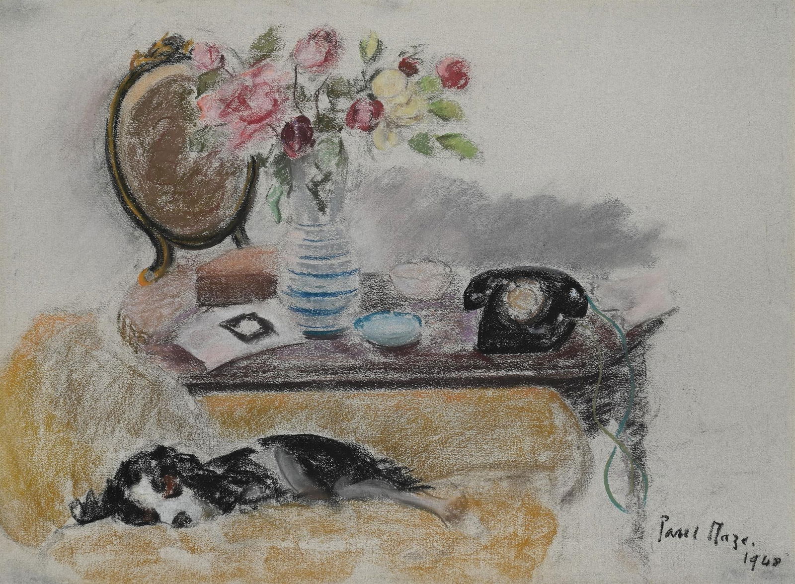λ PAUL LUCIEN MAZE (FRENCH/BRITISH 1887-1979), STILL LIFE WITH SLEEPING SPANIEL: λ PAUL LUCIEN MAZE (BRITISH 1887-1979)STILL LIFE WITH SLEEPING SPANIEL Pastel on blue paperSigned and dated 1948 (lower right)53 x 73cm (20¾ x 28½in.)Provenance:Collection of the late J