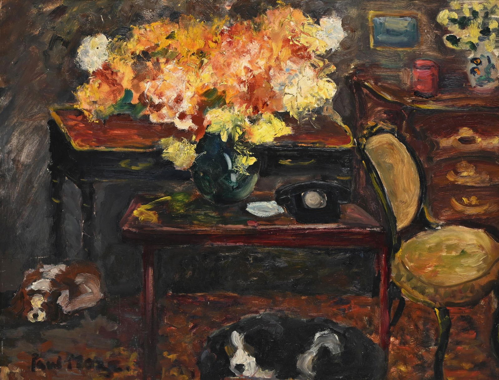 λ PAUL LUCIEN MAZE (FRENCH/BRITISH 1887-1979), INTERIOR WITH SLEEPING SPANIELS AND FLOWERS ON A: λ PAUL LUCIEN MAZE (BRITISH 1887-1979)INTERIOR WITH SLEEPING SPANIELS AND FLOWERS ON A TABLEOil on boardSigned (lower left)55.5 x 72.5cm (21¾ x 28½in.)Provenance:Collection of the late