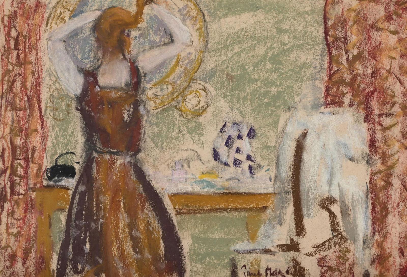 λ PAUL LUCIEN MAZE (FRENCH/BRITISH 1887-1979), JESSE BRUSHING HER HAIR: λ PAUL LUCIEN MAZE (FRENCH/BRITISH 1887-1979)JESSE BRUSHING HER HAIRPastelSigned (lower right)25.5 x 37cm (10 x 14½in.) λ indicates that this lot may be subject to Droit de Suite royalt