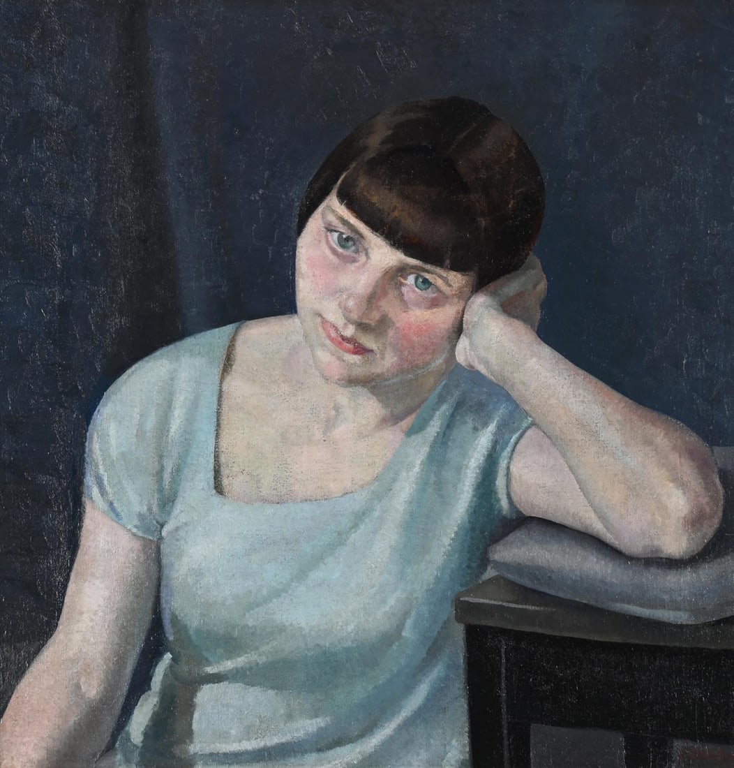 λ HARRY RUTHERFORD (BRITISH 1903-1985), GIRL IN A BLUE DRESS (PORTRAIT OF CISSIE BARNES): λ HARRY RUTHERFORD (BRITISH 1903-1985)GIRL IN A BLUE DRESS (PORTRAIT OF CISSIE BARNES)Oil on canvasSigned (lower right)63.5 x 62.5cm (25 x 24½ in.)Painted circa 1927.Provenance: Private coll