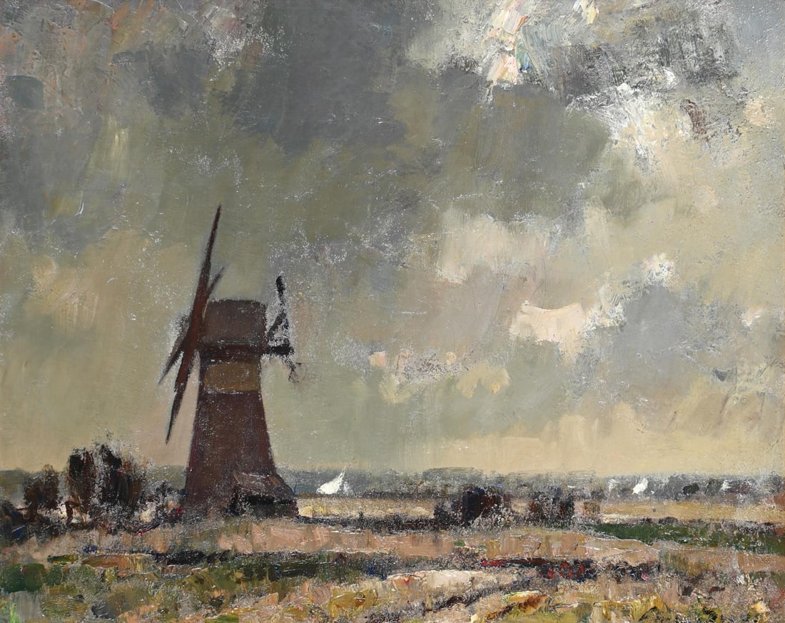 λ EDWARD SEAGO (BRITISH 1910-1974), A MARSHLAND MILL: λ EDWARD SEAGO (BRITISH 1910-1974)A MARSHLAND MILLOil on canvasSigned 41 x 51cm (16 x 20in.)Painted in 1948.Literature:Edward Seago, Tideline, Collins 1948, illus. follows p.32 λ indicates t