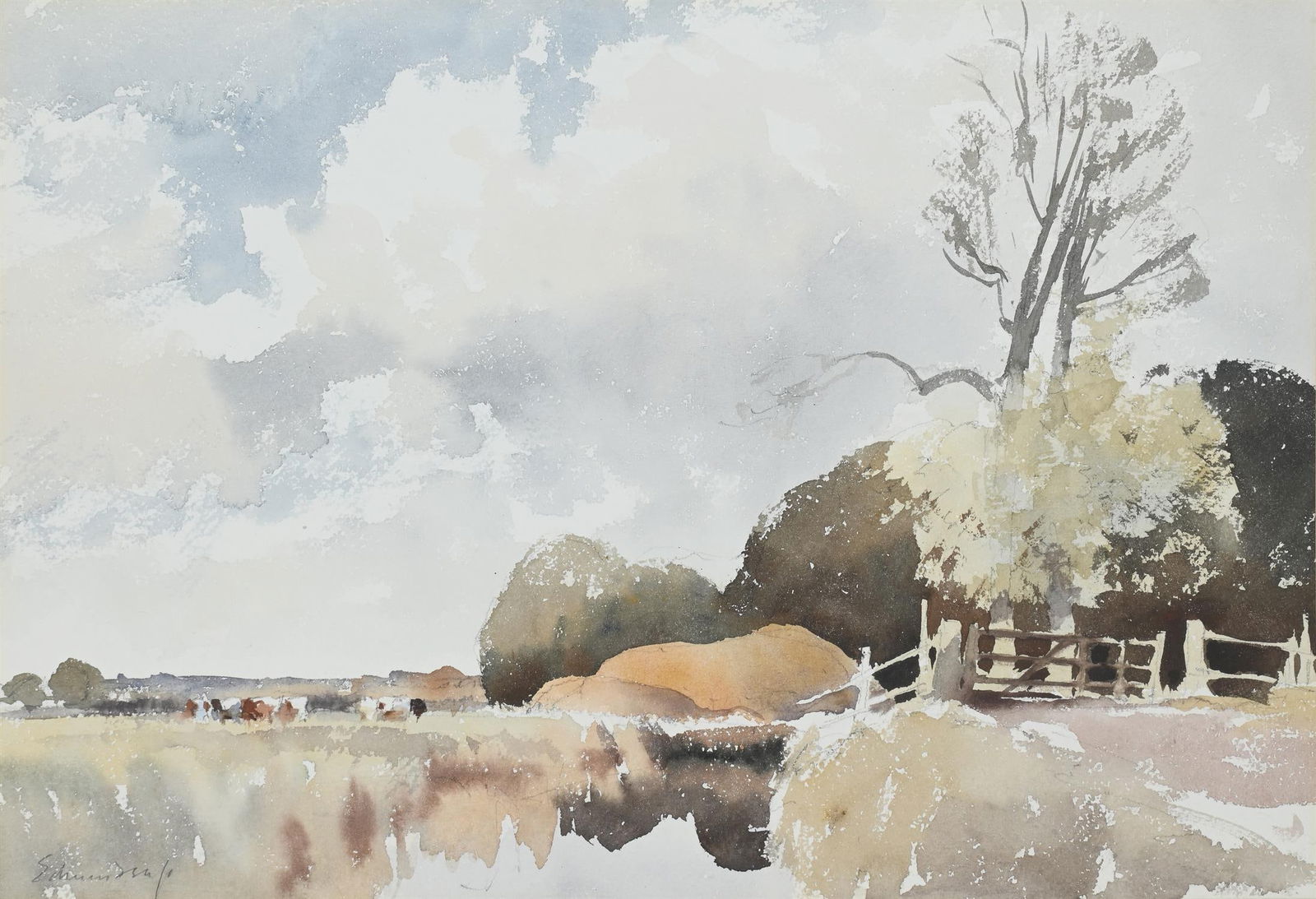 λ EDWARD SEAGO (BRITISH 1910-1974), CATTLE IN A RIVER LANDSCAPE WITH WOODLAND BEYOND (1 of 3)