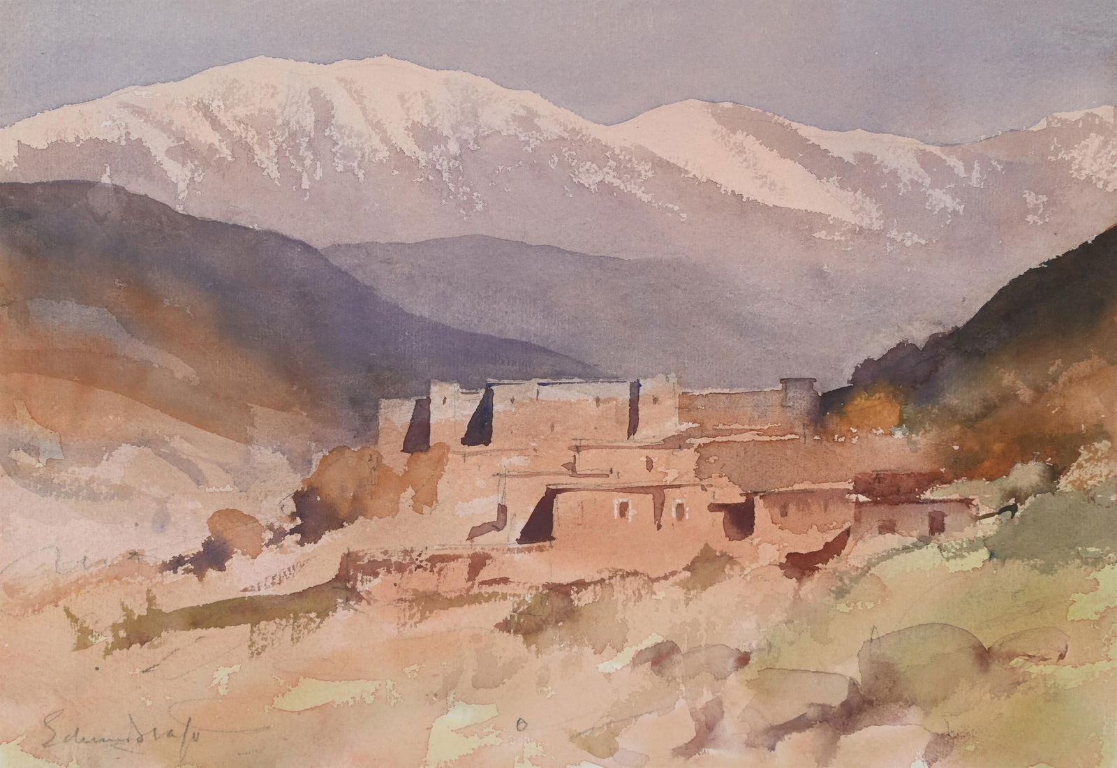 λ EDWARD SEAGO (BRITISH 1910-1974), MORROCAN VIEW WITH MOUNTAINS BEYOND: λ EDWARD SEAGO (BRITISH 1910-1974)MORROCAN VILLAGE WITH MOUNTAINS BEYOND Watercolour and pencil Signed (lower left) 26.5 x 37cm (10¼ x 14½ in.) λ indicates that this lot may be sub