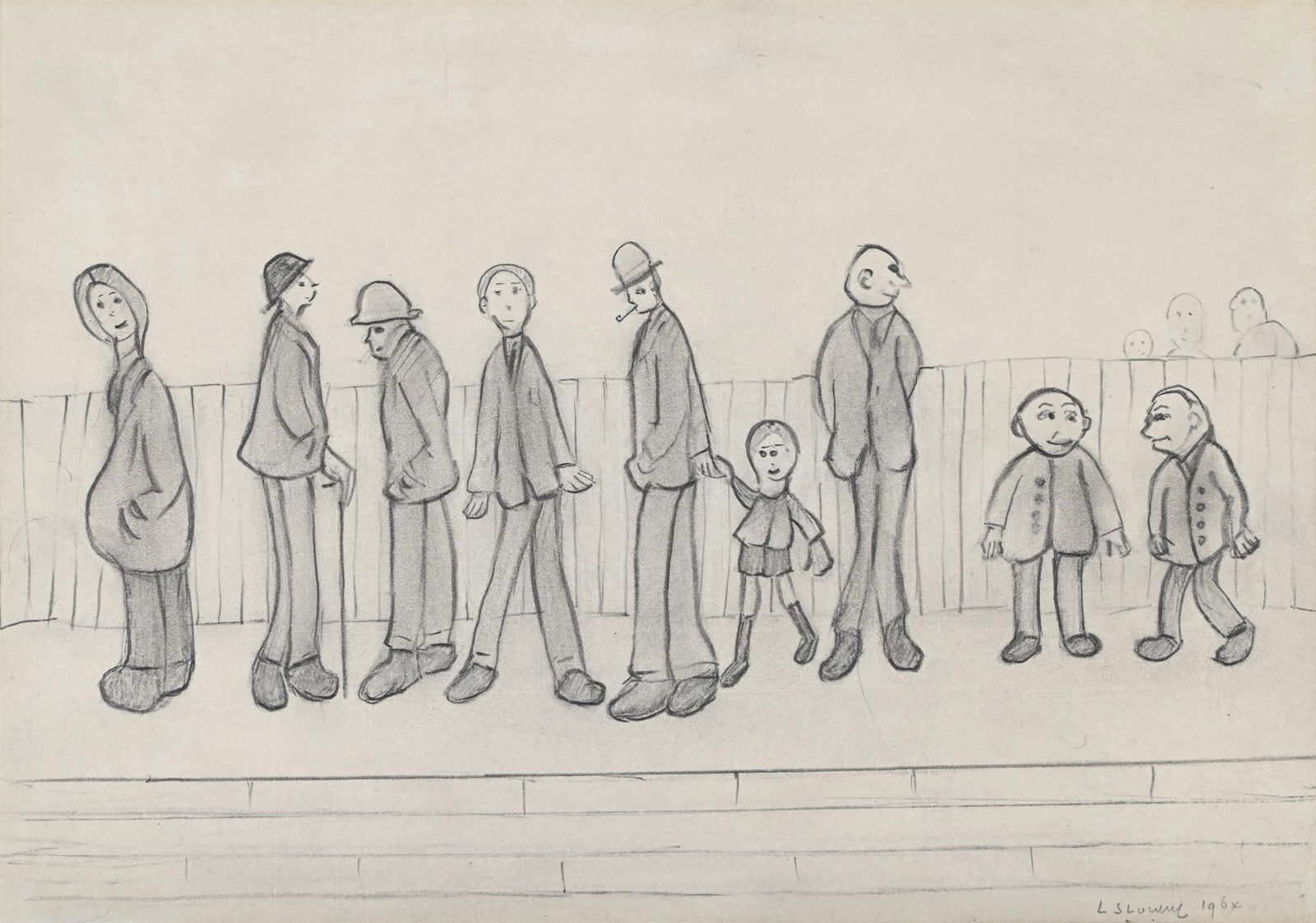 λ LAURENCE STEPHEN LOWRY (BRITISH 1887-1976) PEOPLE BY A FENCE: λ LAURENCE STEPHEN LOWRY (BRITISH 1887-1976)PEOPLE BY A FENCEPencilSigned and dated 64 (lower right)34 x 43cm (13¼ x 16¾in.)Provenance:Sale, Bonhams, London, Modern British and Irish Ar