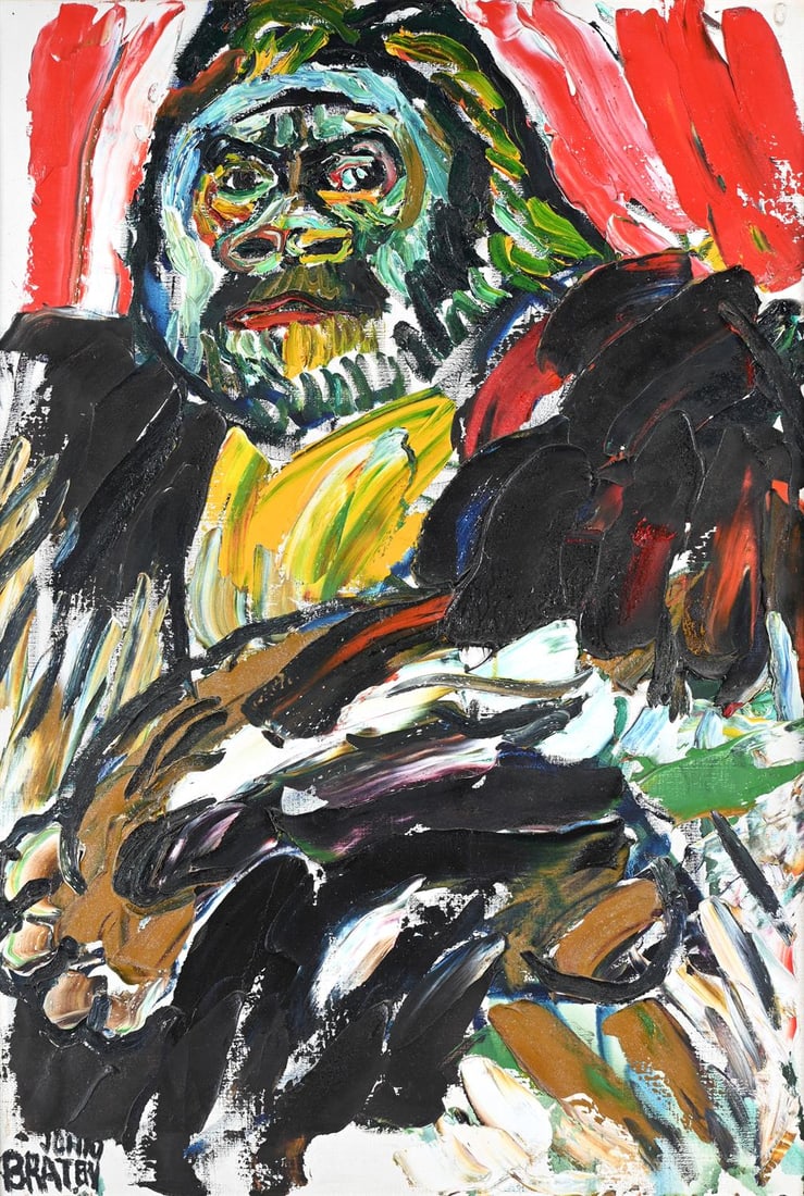 λ JOHN BRATBY (BRITISH 1928-1992), GUY THE GORILLA: λ JOHN BRATBY (BRITISH 1928-1992)GUY THE GORILLAOil on canvasSigned (lower left)76 x 50.5cm (29¾ x 19¾in.)Painted in 1975.Provenance:The artist and by descent to the artist's widowAcqui
