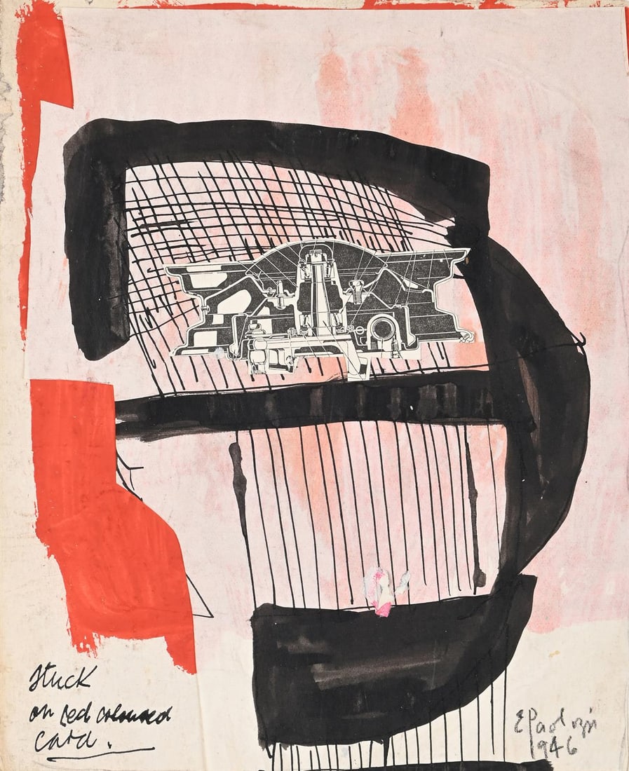 λ SIR EDUARDO PAOLOZZI (BRITISH 1924-2005), UNTITLED (STUCK ON RED COLOURED CARD): λ SIR EDUARDO PAOLOZZI (BRITISH 1924-2005)UNTITLED (STUCK ON RED COLOURED CARD)Ink, gouache and collage Signed and dated 1946 (lower right), titled (lower left)24.5 x 18.5cm (9½ x 7¼ in