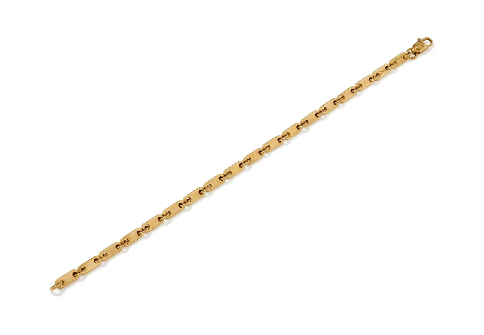 CARTIER, AN 18CT GOLD 'FIGARO' BRACELET: CARTIER, AN 18CT GOLD 'FIGARO' BRACELET Of flattened linking with a lobster claw clasp, signed Cartier, numbered G33531, maker's mark, Swiss, Italian and common control marks, maker's red case and
