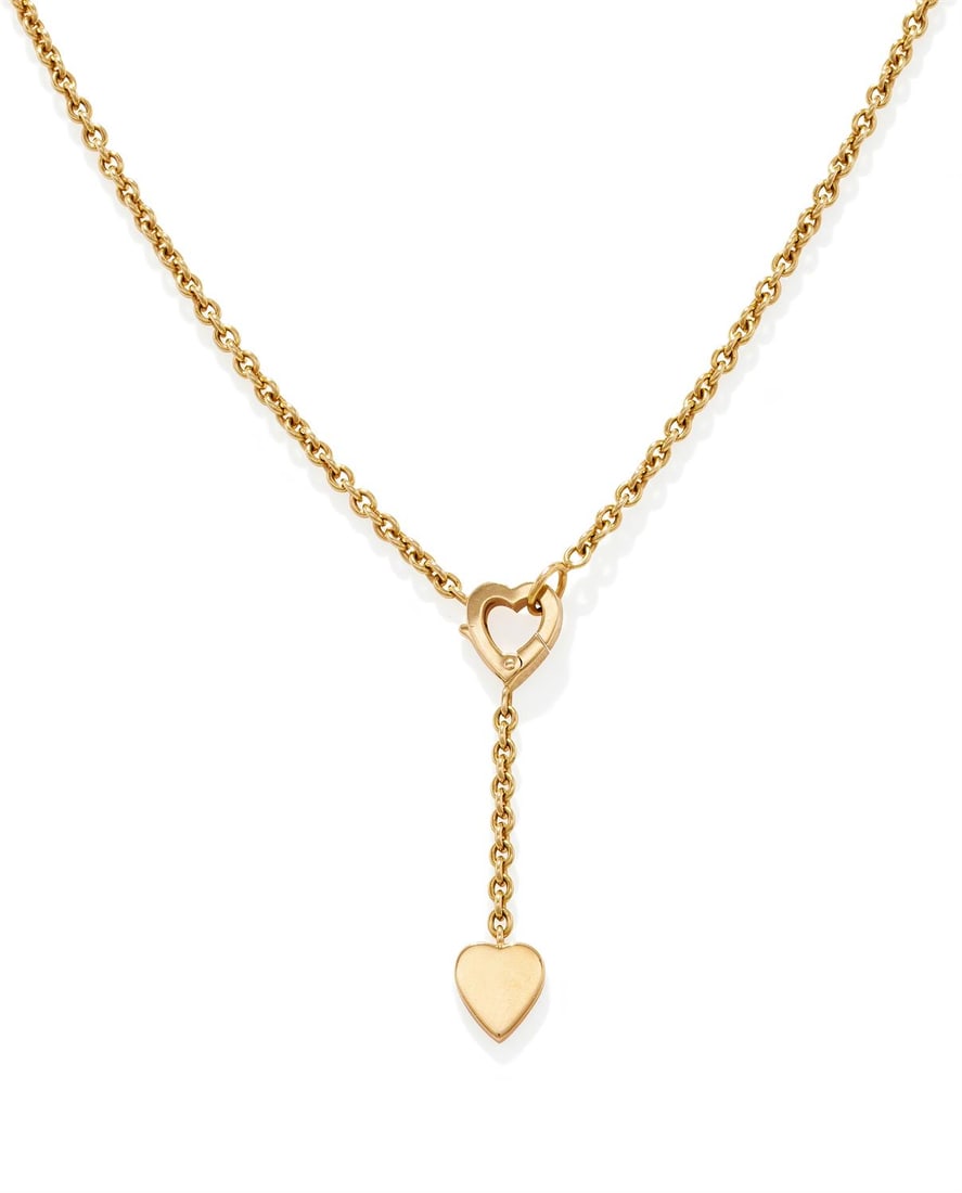 CARTIER, AN 18CT GOLD 'MON AMOUR' PENDANT NECKLACE: CARTIER, AN 18CT GOLD 'MON AMOUR' PENDANT NECKLACE Designed as a heart shaped drop, suspended from a heart shaped front clasp, to a cable link chain, signed Cartier, numbered DY1236 750, French
