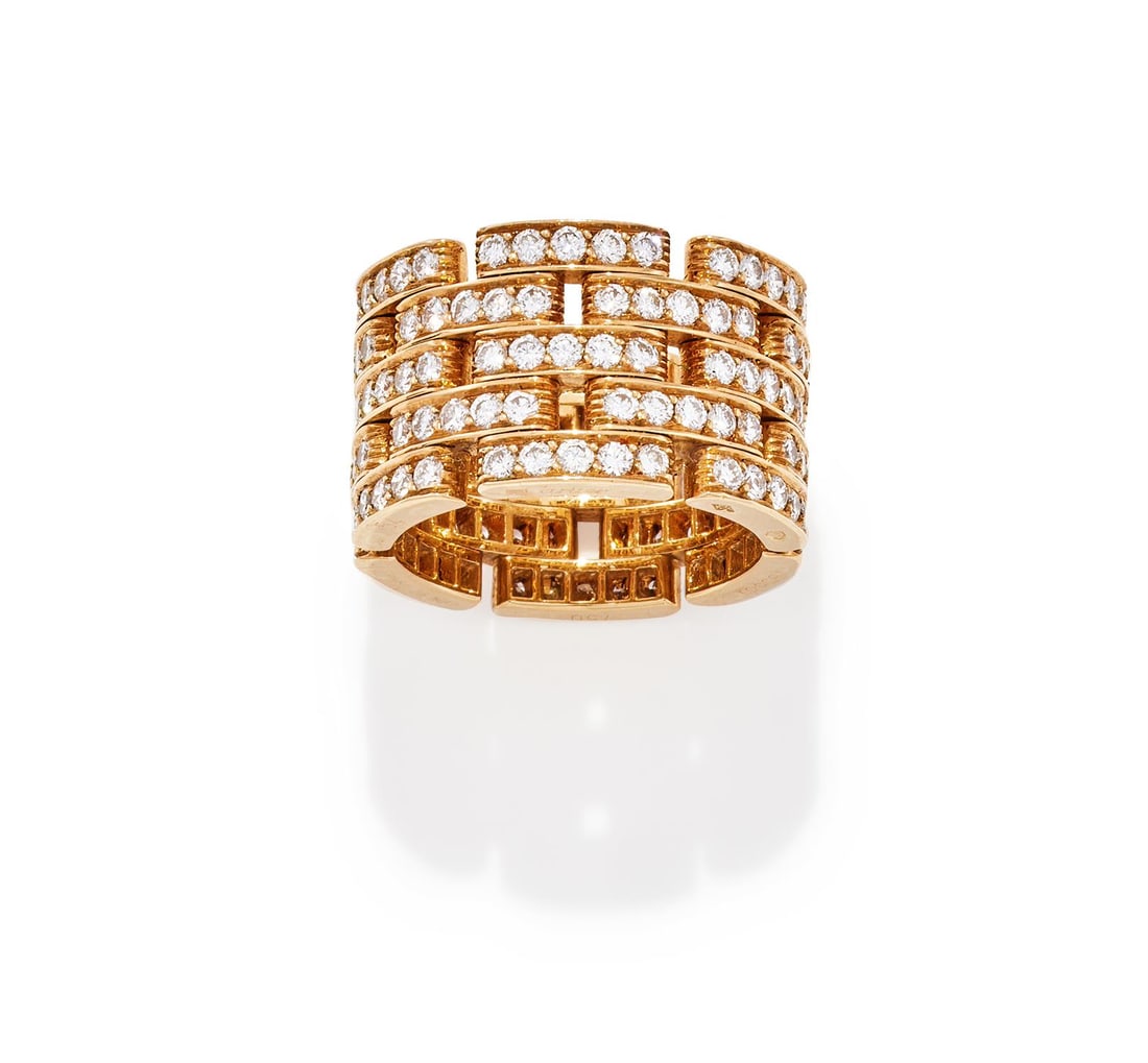 CARTIER, A DIAMOND SET 'MAILLON PANTHERE' RING: CARTIER, A DIAMOND SET 'MAILLON PANTHERE' RING Composed of five rows of brick links set throughout with brilliant cut diamonds, signed Cartier, numbered 705687, maker's mark, French poinçon,