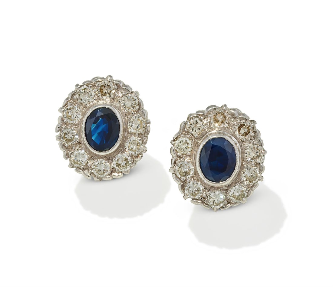 A PAIR OF SAPPHIRE AND DIAMOND CLUSTER EARRINGS (1 of 2)