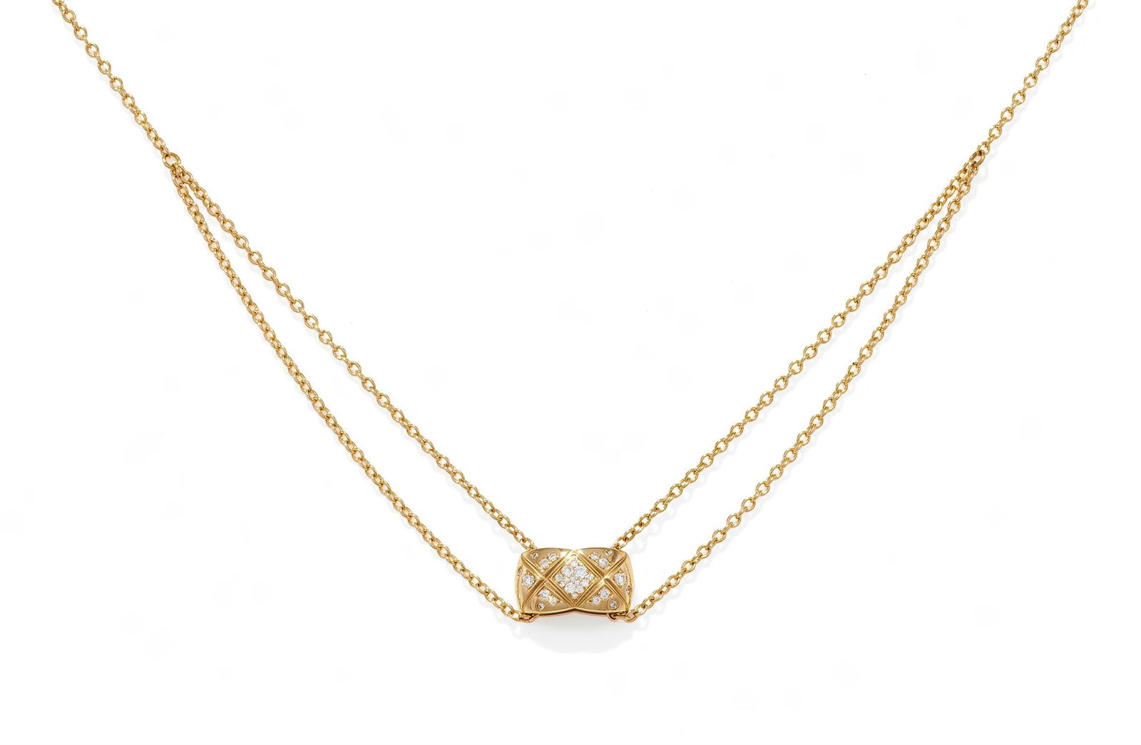 CHANEL, A 'COCO CRUSH' DIAMOND NECKLACE: CHANEL, A 'COCO CRUSH' DIAMOND NECKLACE The 18ct gold quilted motif panel set with brilliant cut diamonds, to belcher link gold chains, signed ©Chanel, numbered Y35167, with maker's mark and comm