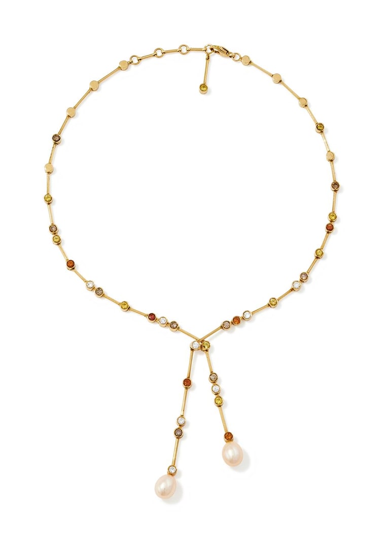 CHANEL, A DIAMOND AND COLOURED SAPPHIRE 'COCO A VENISE' NECKLACE: CHANEL, A DIAMOND AND COLOURED SAPPHIRE 'COCO A VENISE' NECKLACE LONDON 2005 The 18ct gold baton necklace collet set with brilliant cut diamonds and brown diamonds and circular cut orange and yellow s
