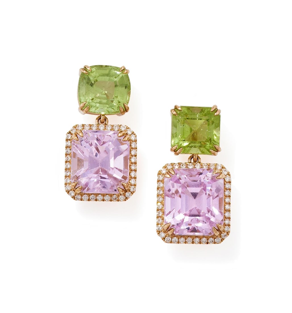 A PAIR OF DIAMOND AND GEM SET EARRINGS (1 of 2)