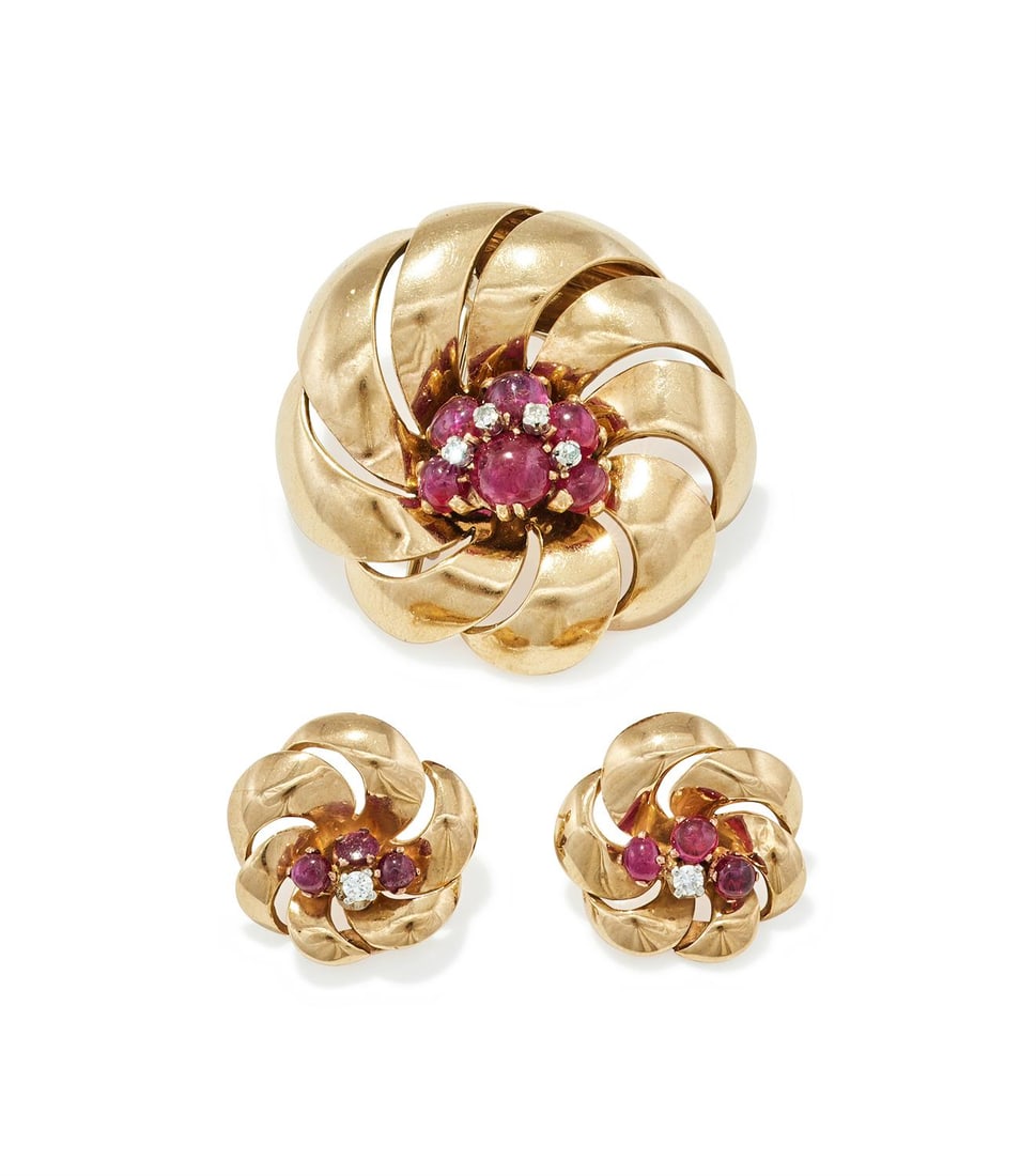 A RUBY AND DIAMOND BROOCH AND EARRING SET (1 of 3)