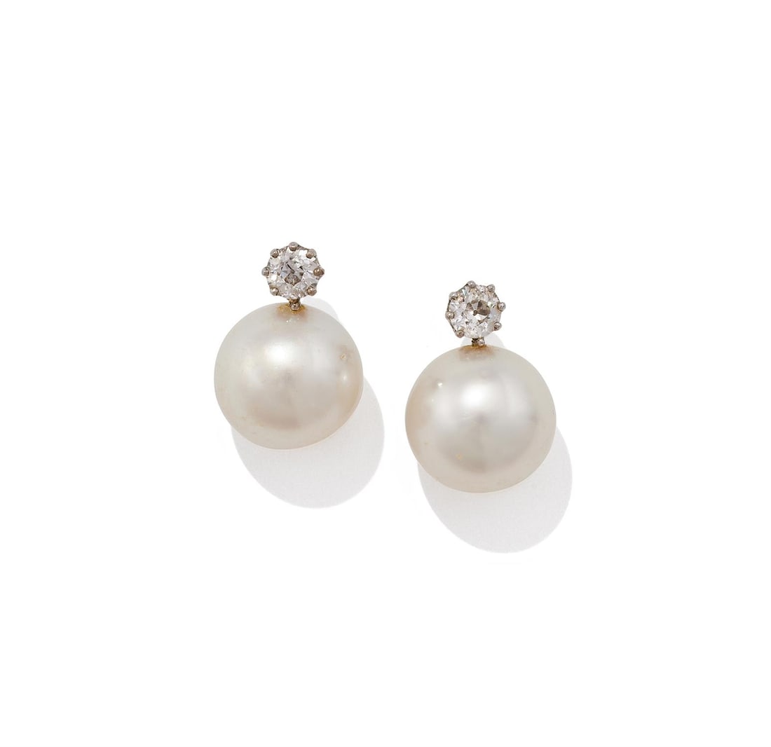 A PAIR OF CULTURED PEARL AND DIAMOND EARRINGS (1 of 2)