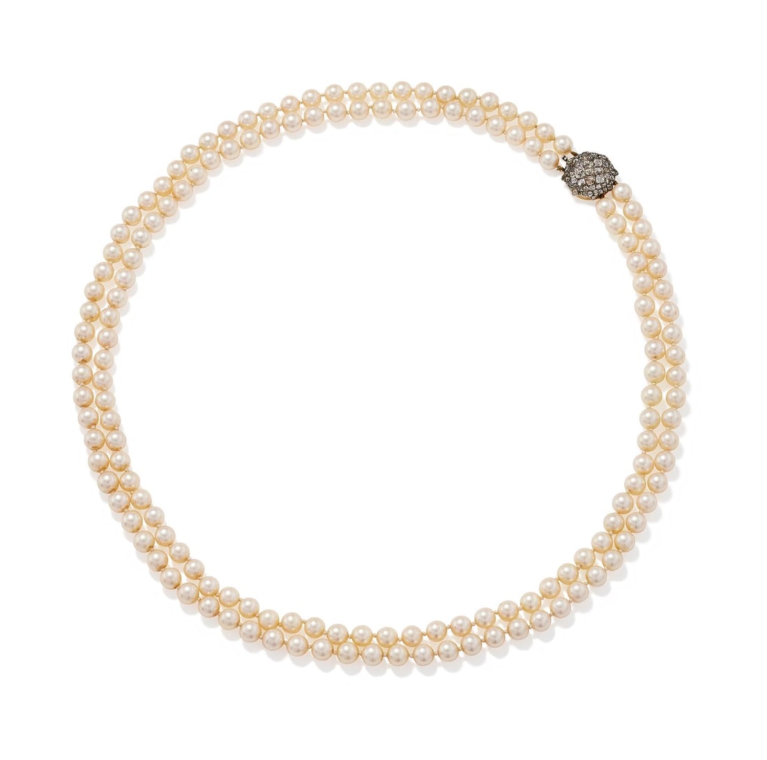 A TWO STRAND CULTURED PEARL NECKLACE WITH AN ANTIQUE DIAMOND CLASP (1 of 3)