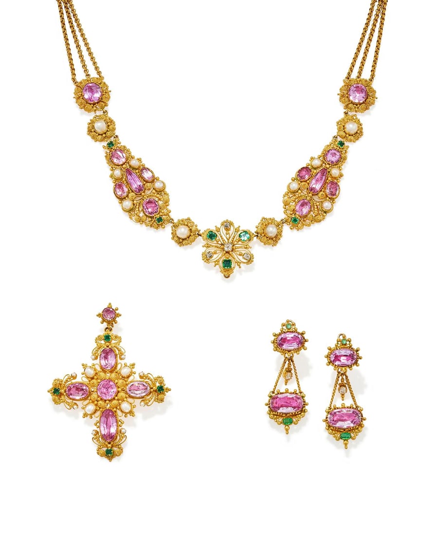 A REGENCY PINK TOPAZ, DIAMOND, HALF PEARL AND EMERALD MATCHED SUITE: A REGENCY PINK TOPAZ, DIAMOND, HALF PEARL AND EMERALD MATCHED CANNETILLE SUITE CIRCA 1830 The gold cannetille necklace with a central open flowerhead panel set with old mine cut diamonds and rectangul