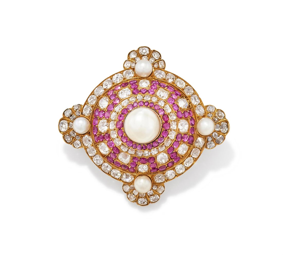 A MID 19TH CENTURY NATURAL PEARL, RUBY AND DIAMOND BROOCH (1 of 3)