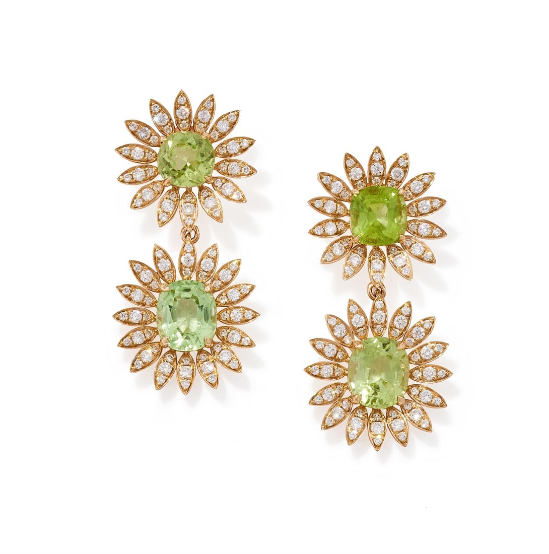 A PAIR OF GREEN TOURMALINE AND DIAMOND PENDENT EARRINGS (1 of 2)