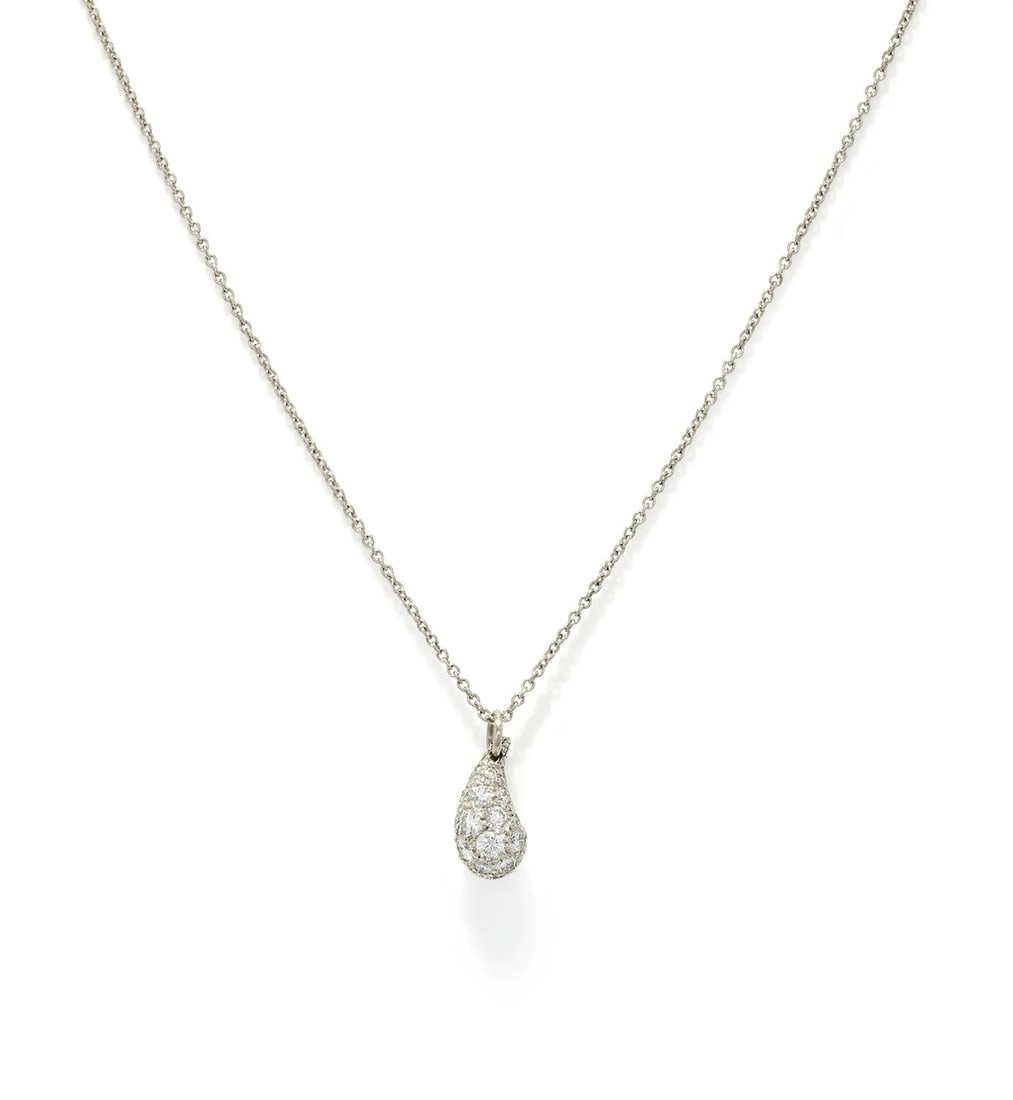 ELSA PERETTI FOR TIFFANY & CO., A DIAMOND 'TEARDROP' PENDANT: ELSA PERETTI FOR TIFFANY & CO., A DIAMOND 'TEARDROP' PENDANTThe tear drop pavé set with graduated brilliant cut diamonds, suspended from a belcher link chain, signed Peretti Tiffany & Co., stampe