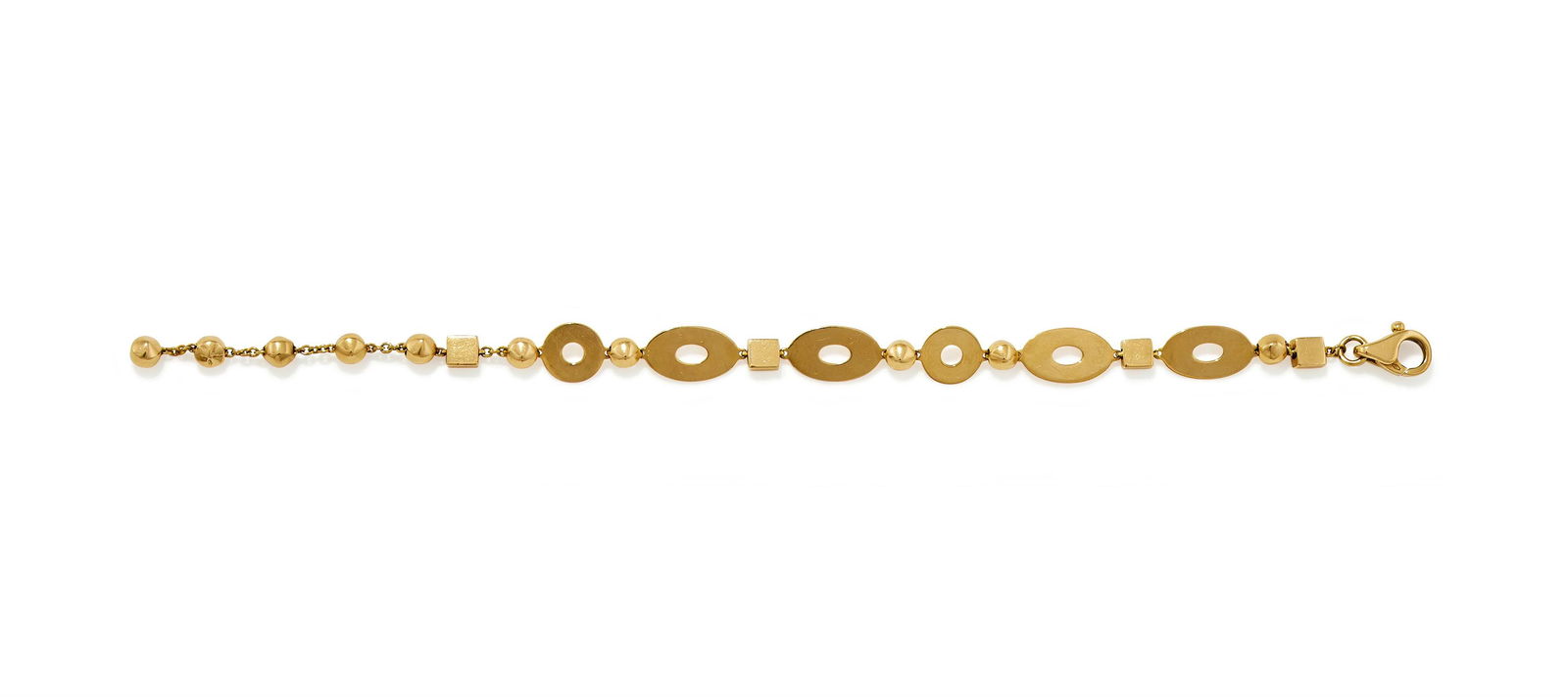 BULGARI, A 'LUCEA' BRACELET: BULGARI, A 'LUCEA' BRACELET The polished oval and circular disc panels with circular and square spacers, the lobster claw clasp signed Bvlgari and stamped 750 Size/dimensions: 20cm longGross weight: 1