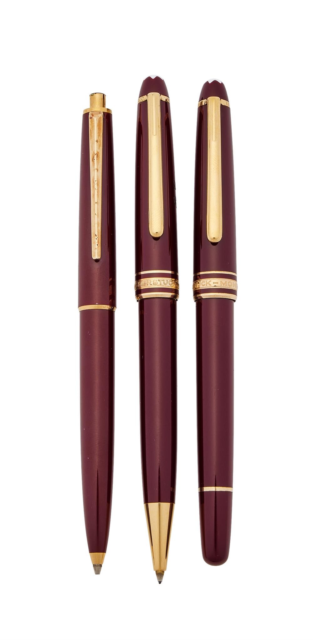 MONTBLANC, MEISTERSTÜCK, A BURGUNDY ROLLERBALL PEN AND TWO PROPELLING PENCILS (1 of 1)