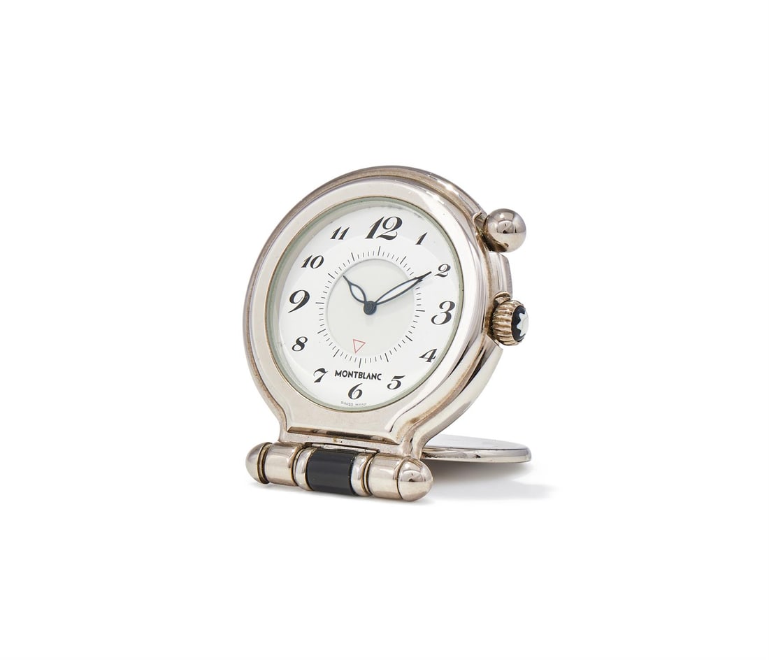 MONTBLANC, A STAINLESS STEEL TRAVEL ALARM CLOCK (1 of 4)