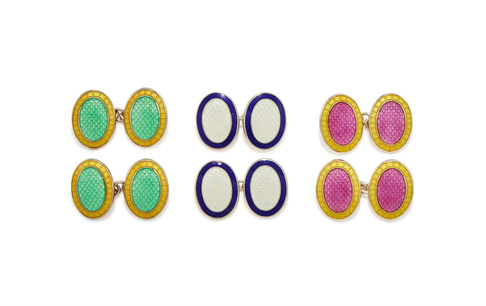 DEAKIN & FRANCIS, THREE PAIRS OF SILVER AND ENAMEL DOUBLE SIDED OVAL CUFFLINKS: DEAKIN & FRANCIS, THREE PAIRS OF SILVER AND ENAMEL DOUBLE SIDED OVAL CUFFLINKSCOMPRISING:A pair of white and navy blue enamel cufflinks, Birmingham 1986A pair of pink and yellow enamel cufflinks, Birm