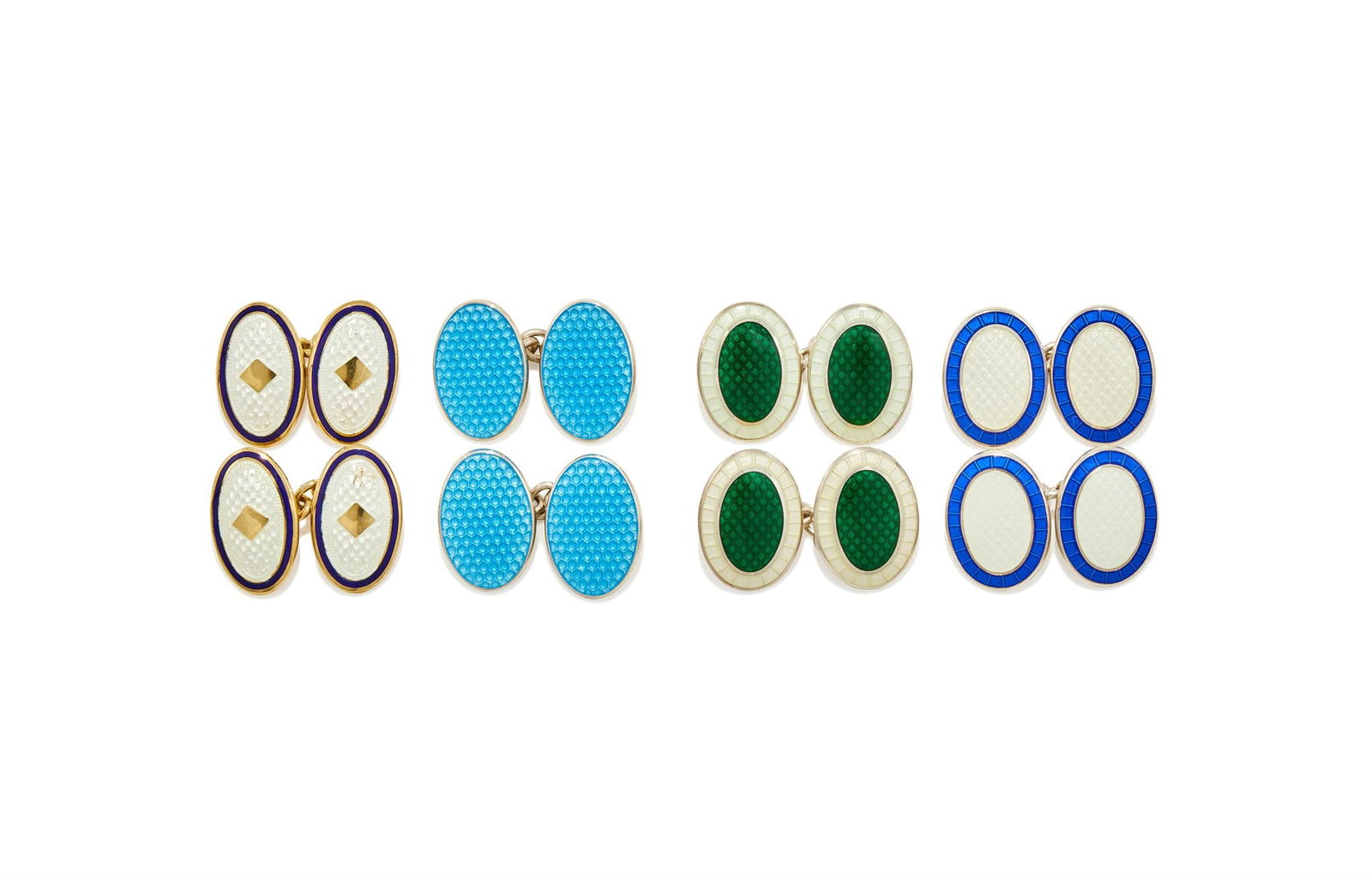 DEAKIN & FRANCIS FOR ANNABEL JONES, A PAIR OF SILVER GILT AND ENAMEL DOUBLE SIDED OVAL CUFFLINKS: DEAKIN & FRANCIS FOR ANNABEL JONES, A PAIR OF SILVER GILT AND ENAMEL DOUBLE SIDED OVAL CUFFLINKSWith white enamel centres and navy enamel borders, with chain link connectionsBirmingham 199814.5gWith a