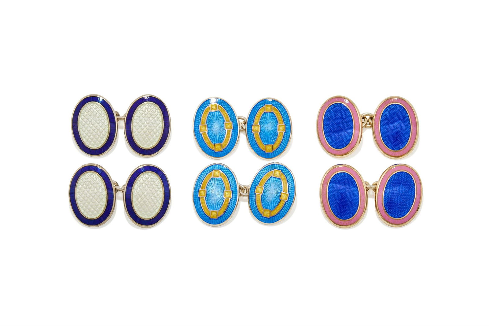 DEAKIN & FRANCIS, TWO PAIRS OF SILVER AND ENAMEL DOUBLE SIDED OVAL CUFFLINKS: DEAKIN & FRANCIS, TWO PAIRS OF SILVER AND ENAMEL DOUBLE SIDED OVAL CUFFLINKSCOMPRISING: A pair of white and navy blue enamel cufflinks, Deakin & Francis, Birmingham 2000With chain link connectionsA pa