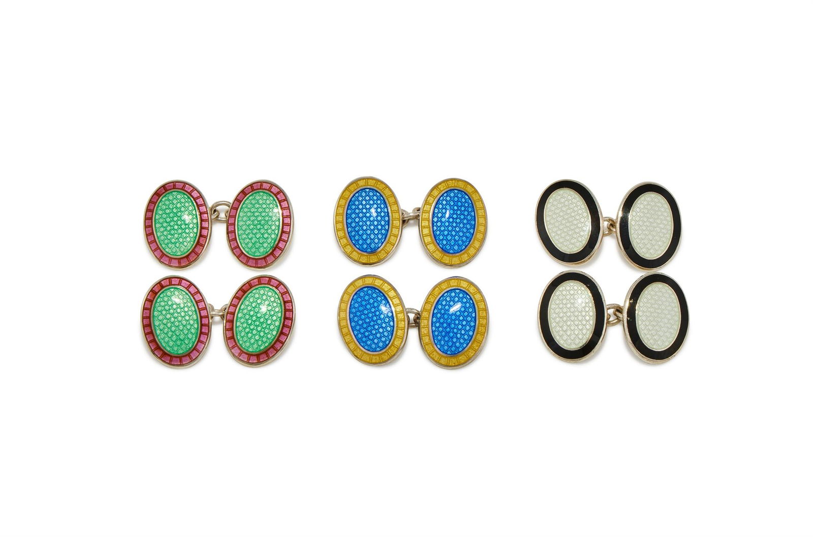 DEAKIN & FRANCIS, THREE PAIRS OF SILVER AND ENAMEL DOUBLE SIDED OVAL CUFFLINKS (1 of 2)