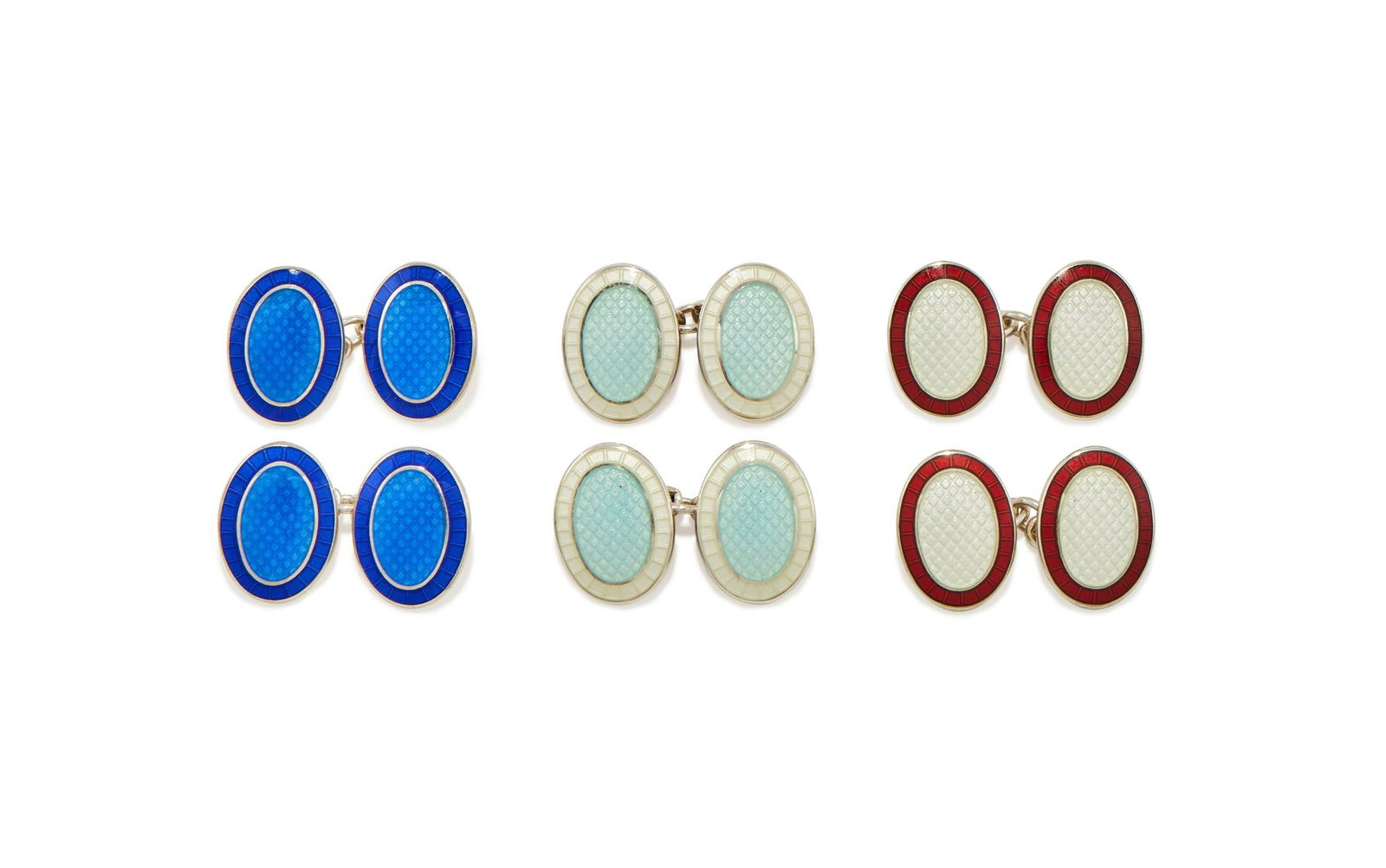 DEAKIN & FRANCIS, THREE PAIRS OF SILVER AND ENAMEL DOUBLE SIDED OVAL CUFFLINKS: DEAKIN & FRANCIS, THREE PAIRS OF SILVER AND ENAMEL DOUBLE SIDED OVAL CUFFLINKSCOMPRISING:A pair of white and red enamel cufflinks, Birmingham 2002A pair of pale blue and white enamel cufflinks, Birmin