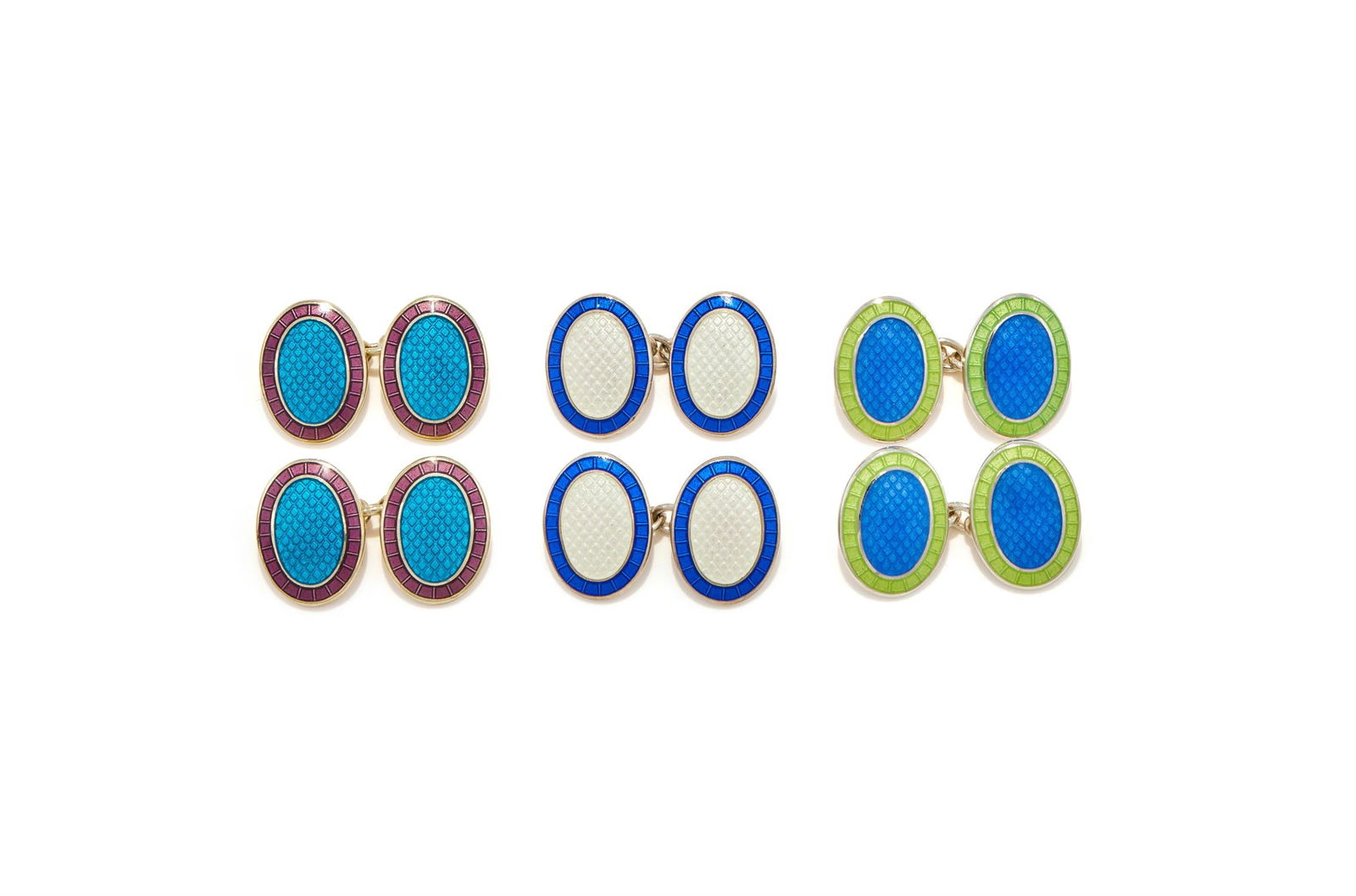 DEAKIN & FRANCIS, THREE PAIRS OF SILVER AND ENAMEL DOUBLE SIDED OVAL CUFFLINKS: DEAKIN & FRANCIS, THREE PAIRS OF SILVER AND ENAMEL DOUBLE SIDED OVAL CUFFLINKSCOMPRISING:A pair of white and blue enamel cufflinks, Birmingham 1999A pair of blue and purple enamel cufflinks, Birmingha