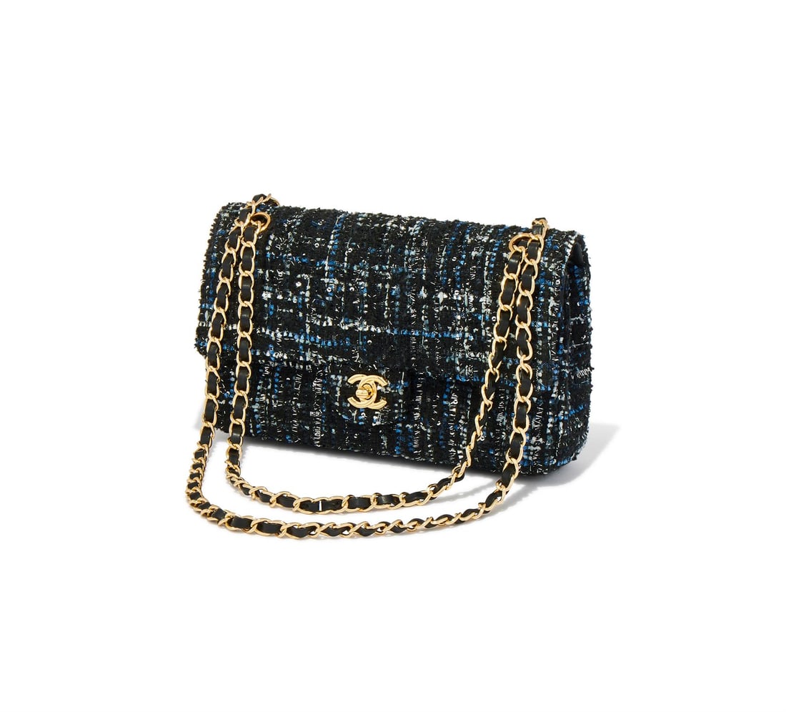 CHANEL, CLASSIC DOUBLE FLAP, A BLACK, BLUE AND GREY TWEED HANDBAG: CHANEL, CLASSIC DOUBLE FLAPA BLACK, BLUE AND GREY TWEED HANDBAG, NO. ALX1889C, POST 2022The black and burgundy leather interior with open pockets and zipped pocket and with metal microchipped serial n
