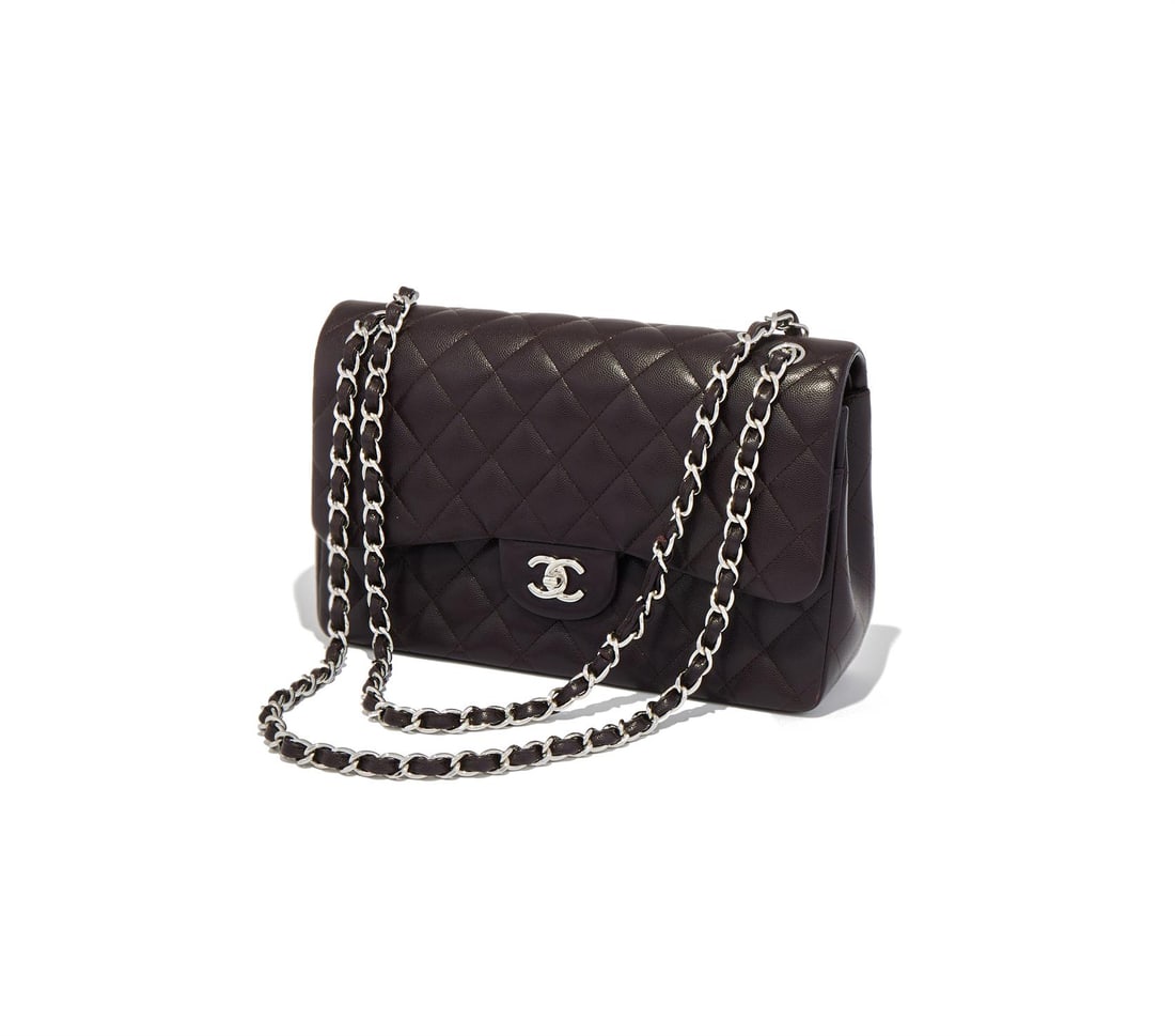 CHANEL, CLASSIC DOUBLE FLAP, A DARK BROWN GRAINED CALFSKIN HANDBAG: CHANEL, CLASSIC DOUBLE FLAP A DARK BROWN GRAINED CALFSKIN HANDBAG, NO. JTN53H46, POST 2022The brown leather interior with open pockets and zipped pocket and with metal microchipped serial number plate