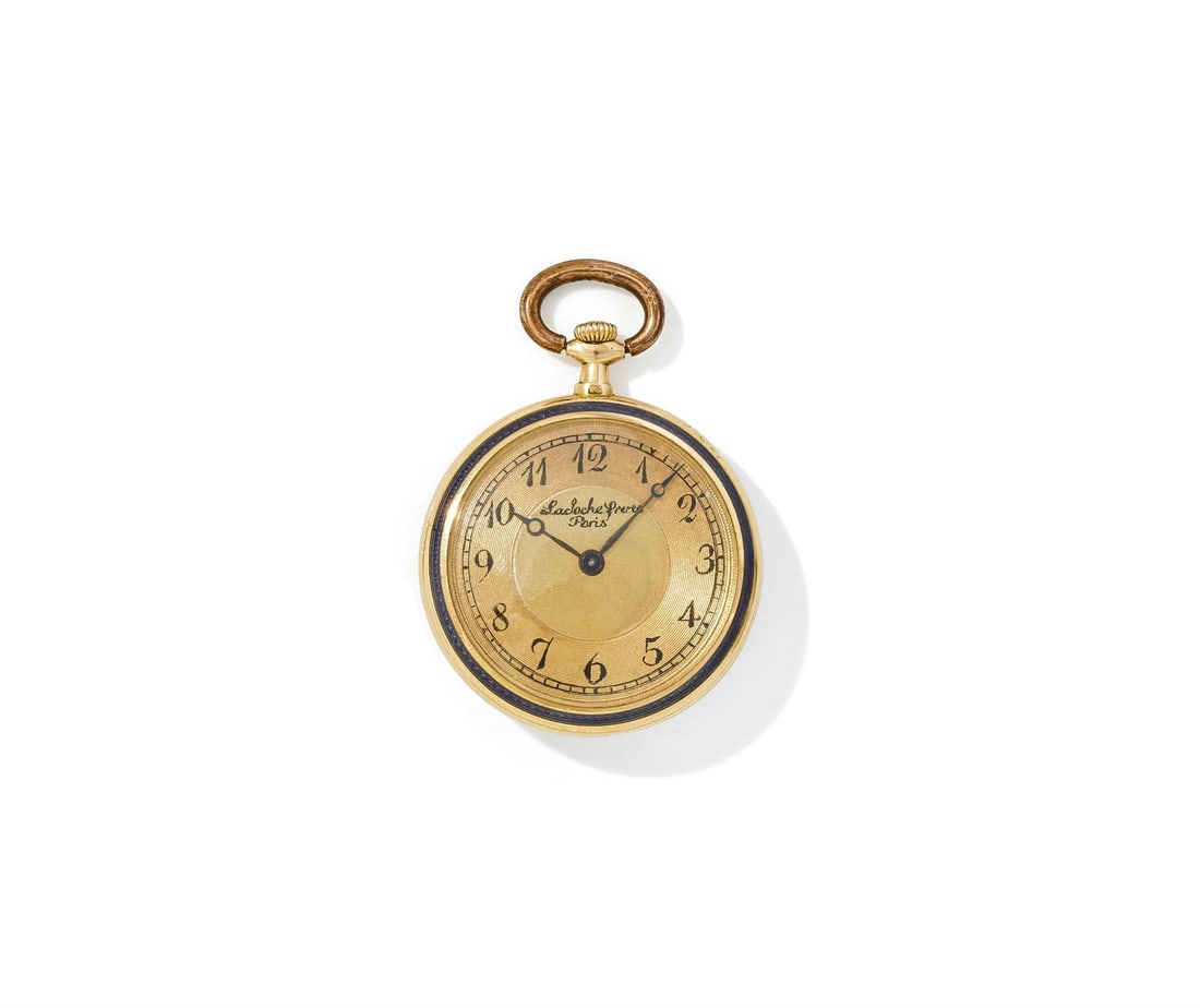 LACLOCHE FRÈRES, PARIS, A FRENCH GOLD AND ENAMEL FOB WATCH: LACLOCHE FRÈRES, PARISA FRENCH GOLD AND ENAMEL FOB WATCH, NO. 87926, 1838 - 1919 MARKMovement: Bimetallic split balance, flat balance spring, lever escapementCase: Gold three piece snap case, the