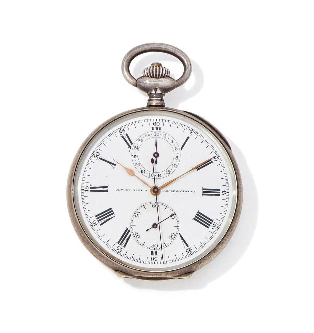 ULYSSE NARDIN, A SILVER KEYLESS WIND OPEN FACE CHRONOGRAPH POCKET WATCH (1 of 4)