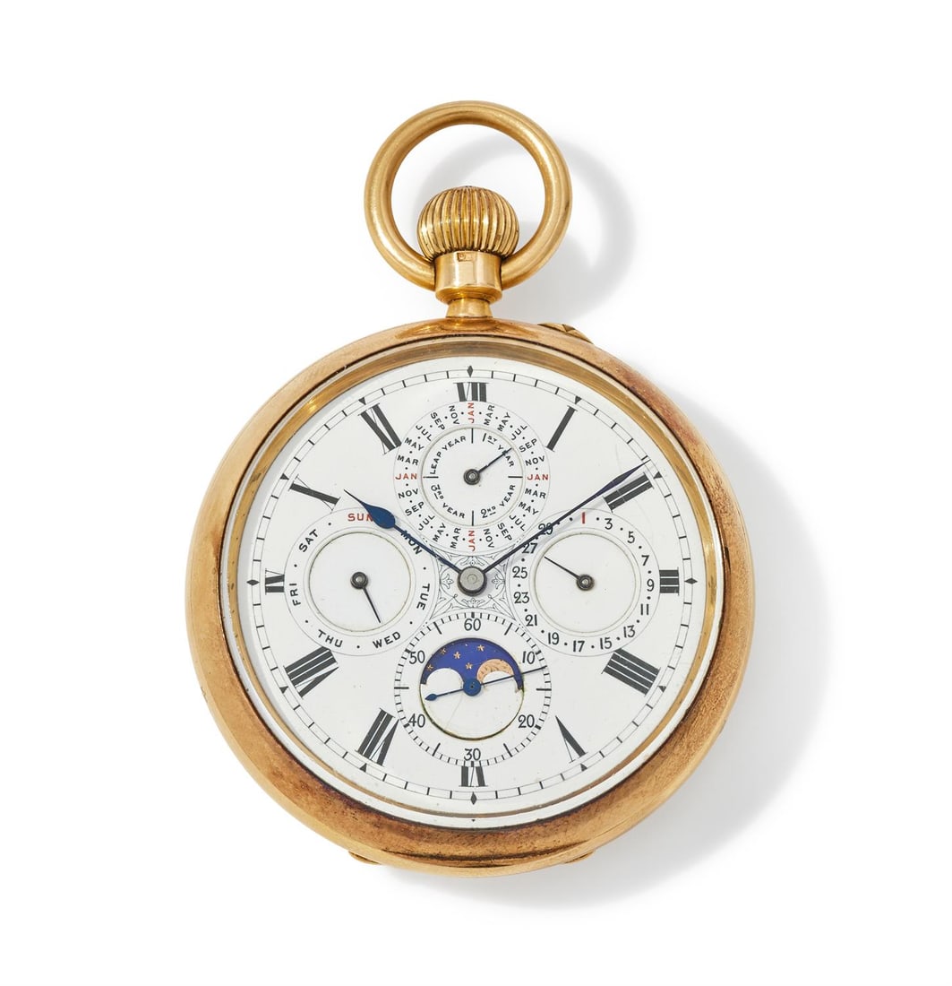 A. JOHANNSEN & CO., AN 18 CARAT GOLD OPEN FACE CALENDAR POCKET WATCH WITH MOONPHASE (1 of 2)
