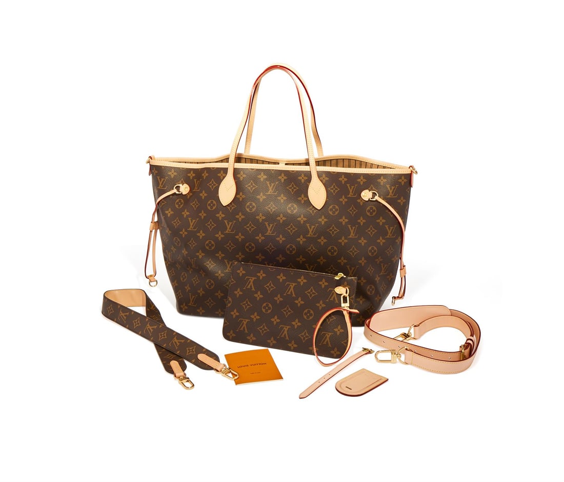 LOUIS VUITTON, MONOGRAM, NEVERFULL MM TOTE, A COATED CANVAS TOTE BAG: LOUIS VUITTON, MONOGRAM, NEVERFULL MM TOTEA COATED CANVAS TOTE BAG, NO. TR1118With twin leather loop handles and side laces, a gilt D-ring fastener opening to a striped textile interior with a zipped