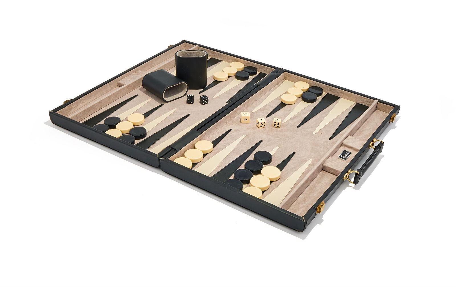 HARRODS, A BLACK OSTRICH AND LEATHER BACKGAMMON SET: HARRODSA BLACK OSTRICH AND LEATHER BACKGAMMON SETWith a leather loop handle and gilt flip lock clasps, opening to a suede and leather interior with two leather dice shakers, five dice and game counter